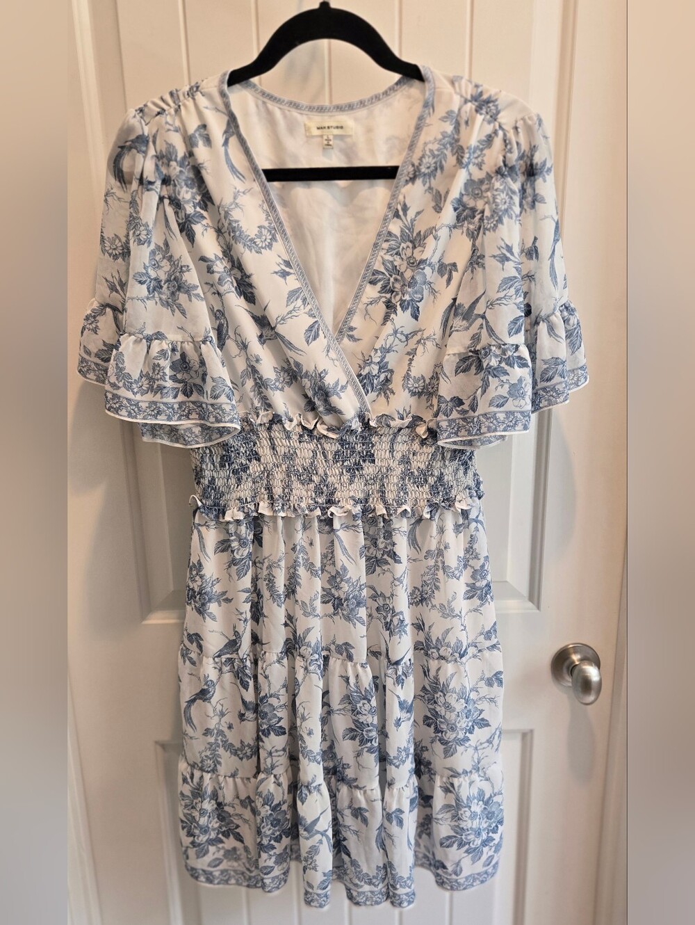 Max Studio Blue and White Floral Smocked Midi Dress